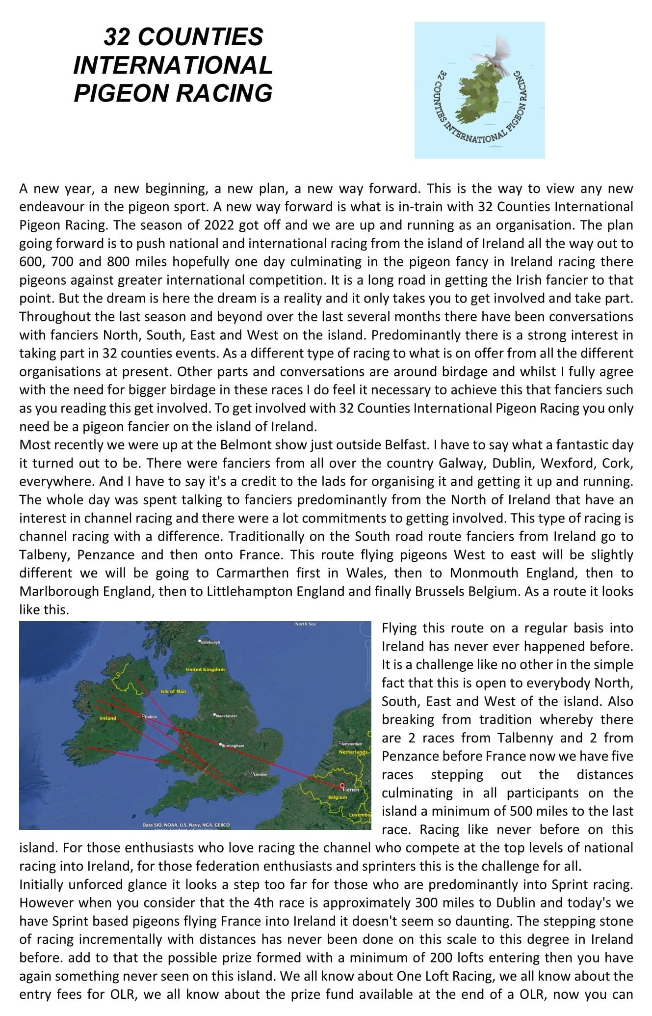 32 COUNTIES INTERNATIONAL PIGEON RACING - by Michael Feeney