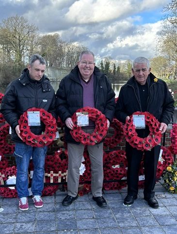 l to r Scott Irving Bill Southward and Raymond White photographed preparing to lay wreaths at Ypres on behalf of L.S.C. Cumbria Region R.P.R.A. and the S.N.F.C. 05 03z