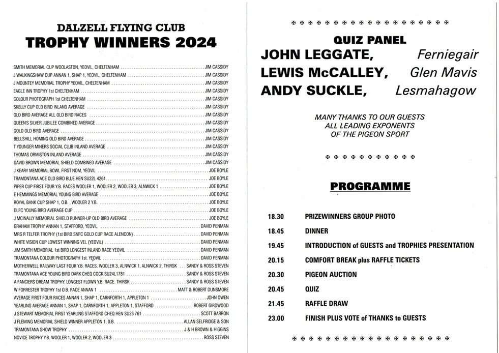 Brochure including winners details and photos of performance pigeons at Dalziel club 14 02 25a